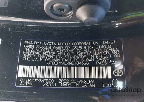 2021 Toyota Corolla Le from USA, damaged, VIN JTDEPMAE4MJ184328